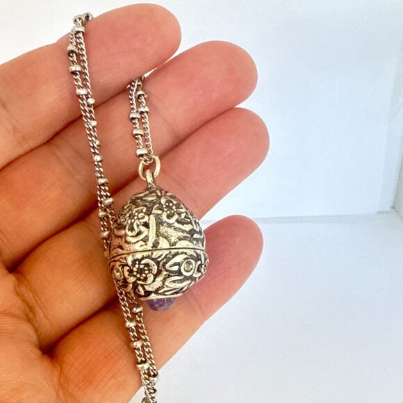 Vintage Silver Amethyst Locket Necklace with Hidden Butterfly Surprise Pendant - Picture 11 of 13